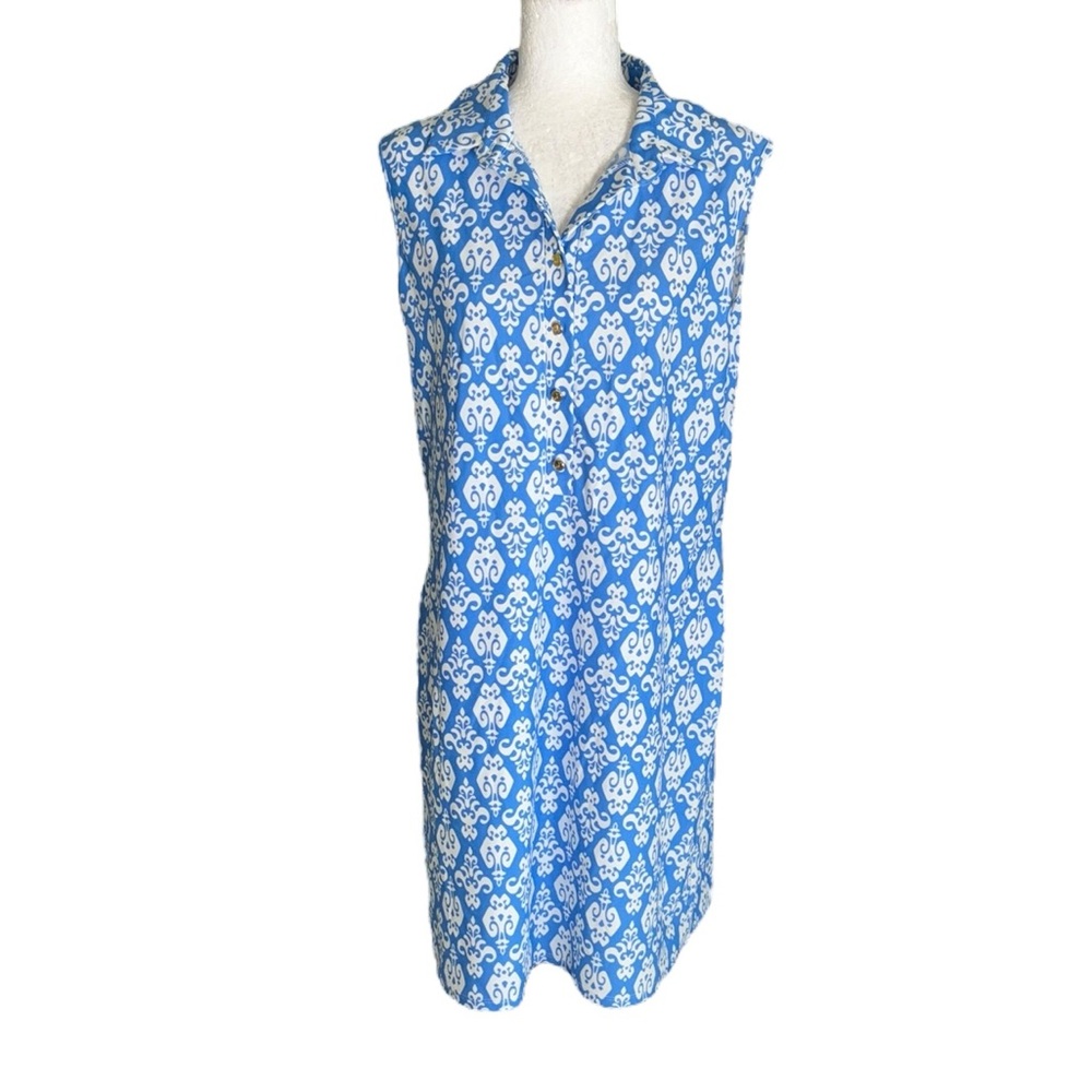 Jude Connally Blue White Fleur-de-Lis Print Sleeveless Button Collar Dress - XL